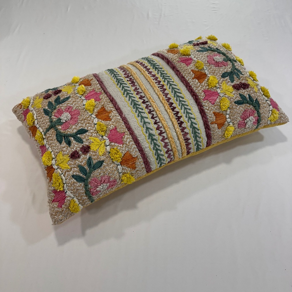 World Market Floral Embroidered Lumbar Pillow 14x24 Yellow Pom Pom | Boho Core